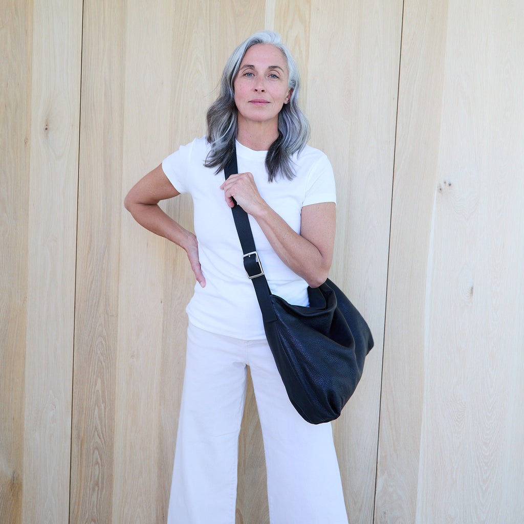 model wearing large central boho as crossbody 