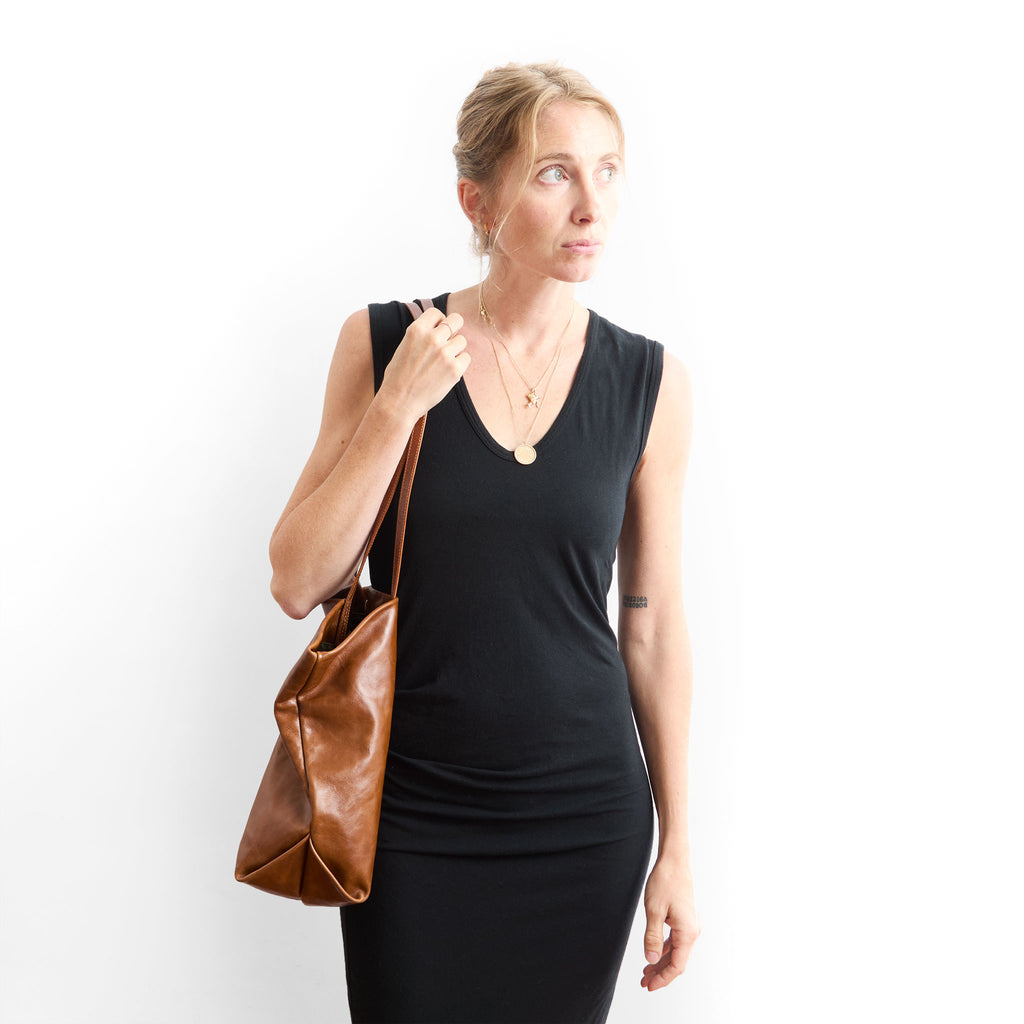 brooklyn tote saddle, being modeled 