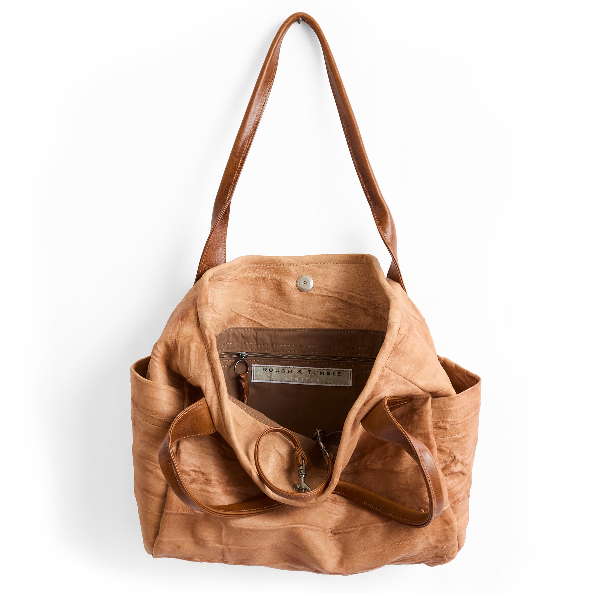 bucket tote in milano saddle, showcasing nutmeg lining