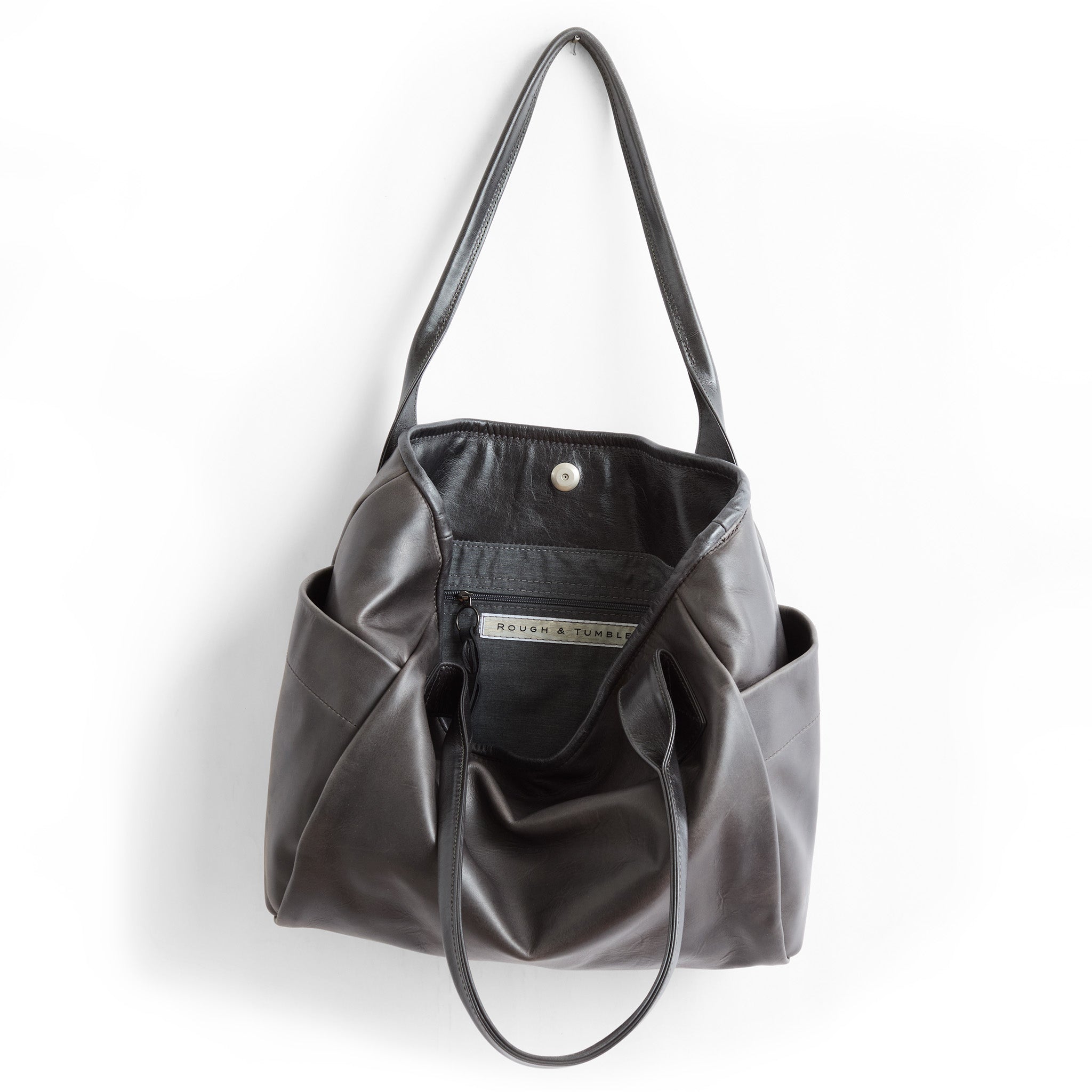bucket tote in pure grey, showcasing interior grey chambray