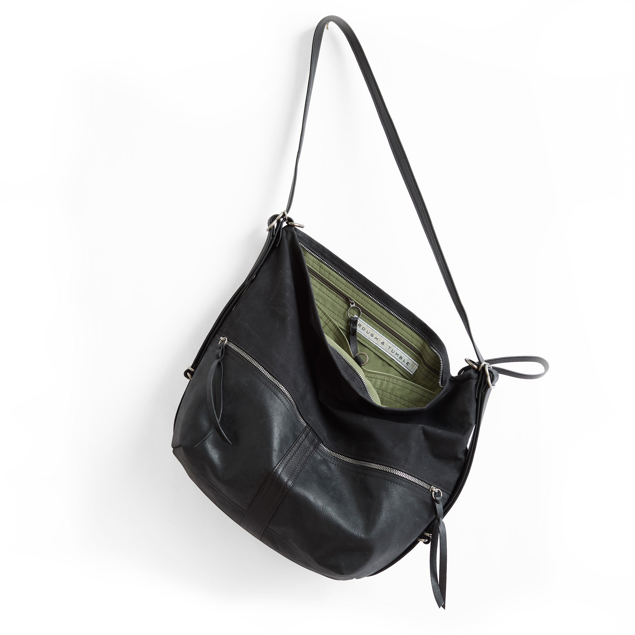 city safari double zip large in black waxed canvas + tumbled black, showcasing interior acadia lining