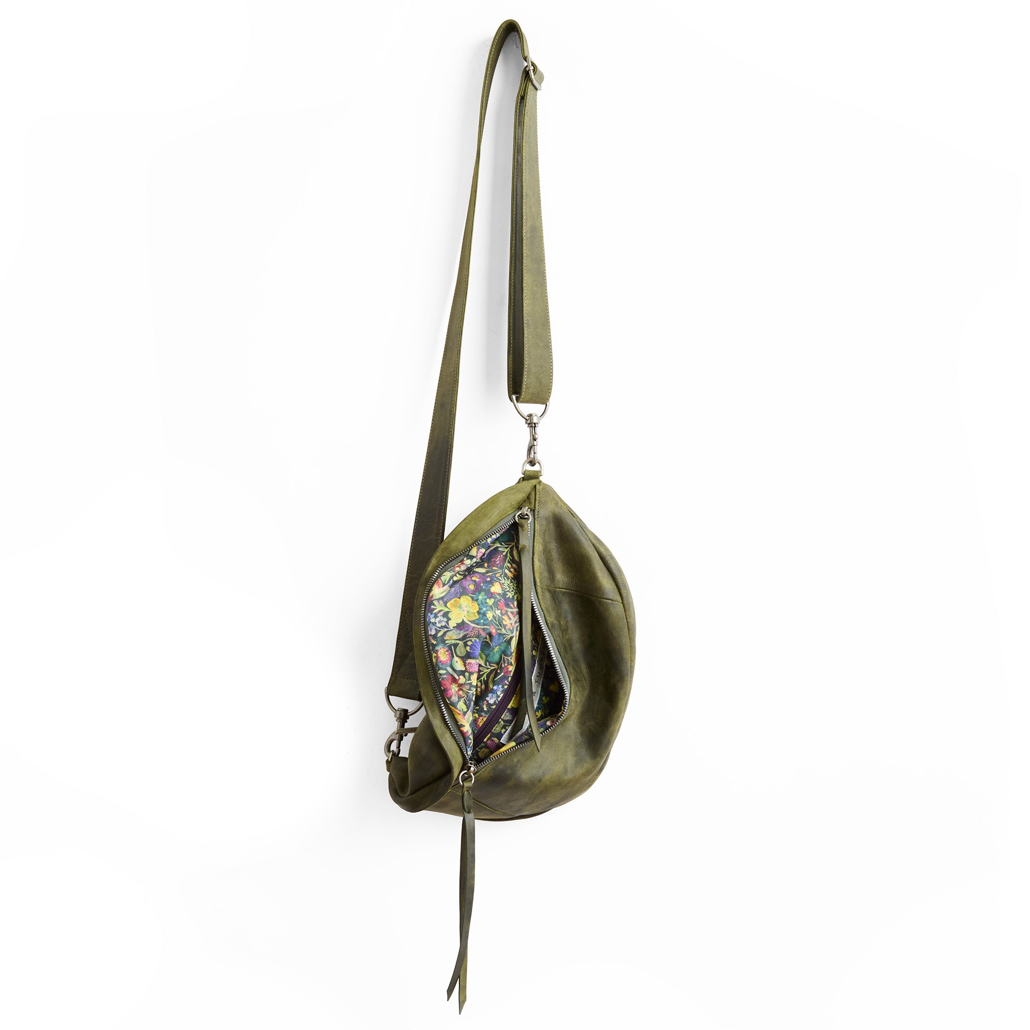 lissa in moss, with two zipper heads with leather pulls, showcasing interior inland song lining