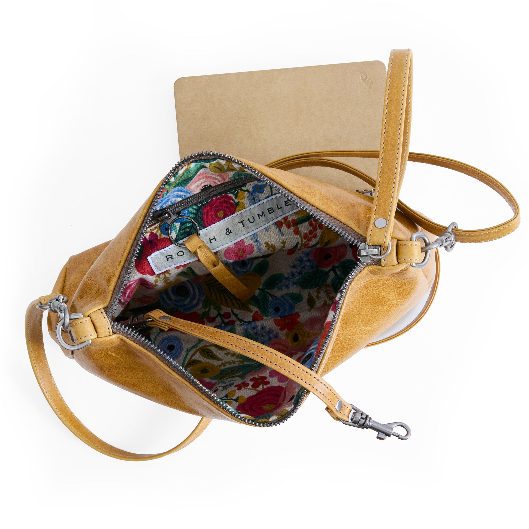 the scottie in goldenrod, showcasing interior rifle paper co. garden party coral lining