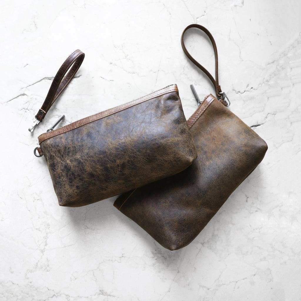 two zip pouches with top stripe large in dingo with vintage brown 